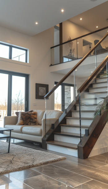 modern staircase, glass panel railings, minimalist design, metal handrails, wooden handrails, contemporary home interior.