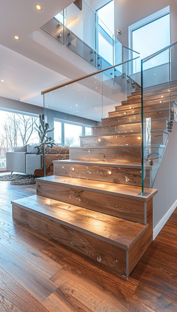 modern staircase, glass panel railings, minimalist design, metal handrails, wooden handrails, contemporary home interior..