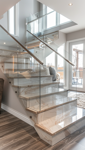 modern staircase, glass panel railings, minimalist design, metal handrails, wooden handrails, contemporary home interior....