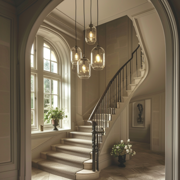 pendant lighting over staircase railings