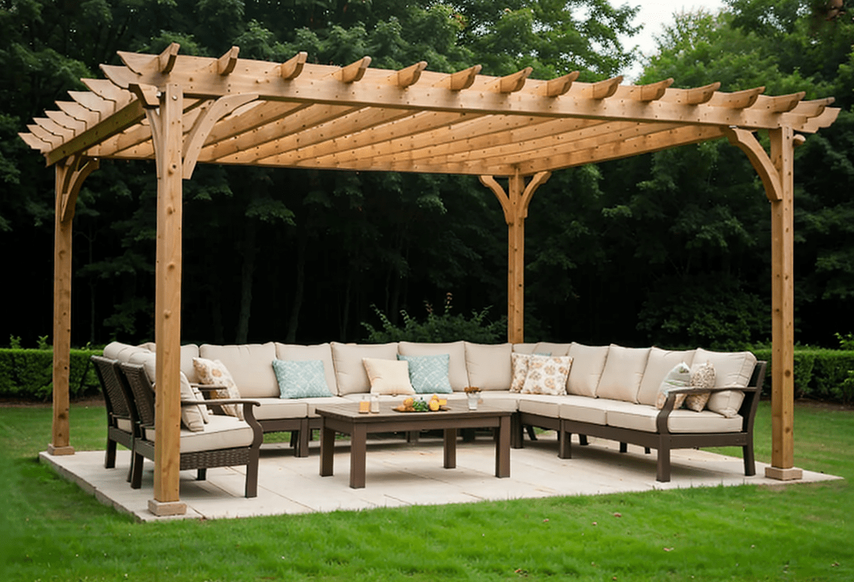 pergola with table, sofa, chairs, benches