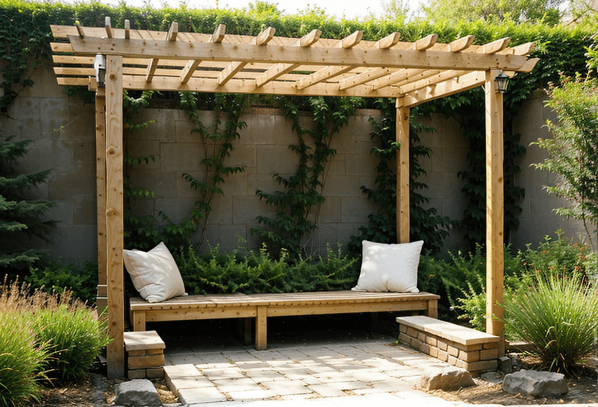 pergola bamboo construction, cedar wood, minimalist design, stone bench, wooden seatingrock garden, sand pit, Japanese garden style