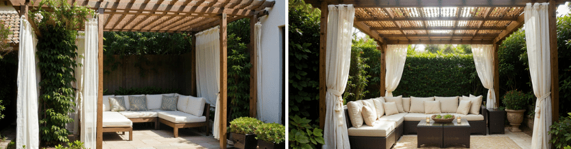 pergola, privacy, decorative screen, curtains, climbing plants, garden, tranquil, outdoor