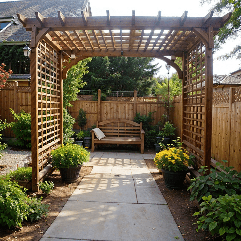 pergola seating area shaded garden arbor