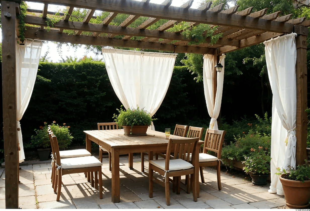 pergola with table dining curtains courtyard