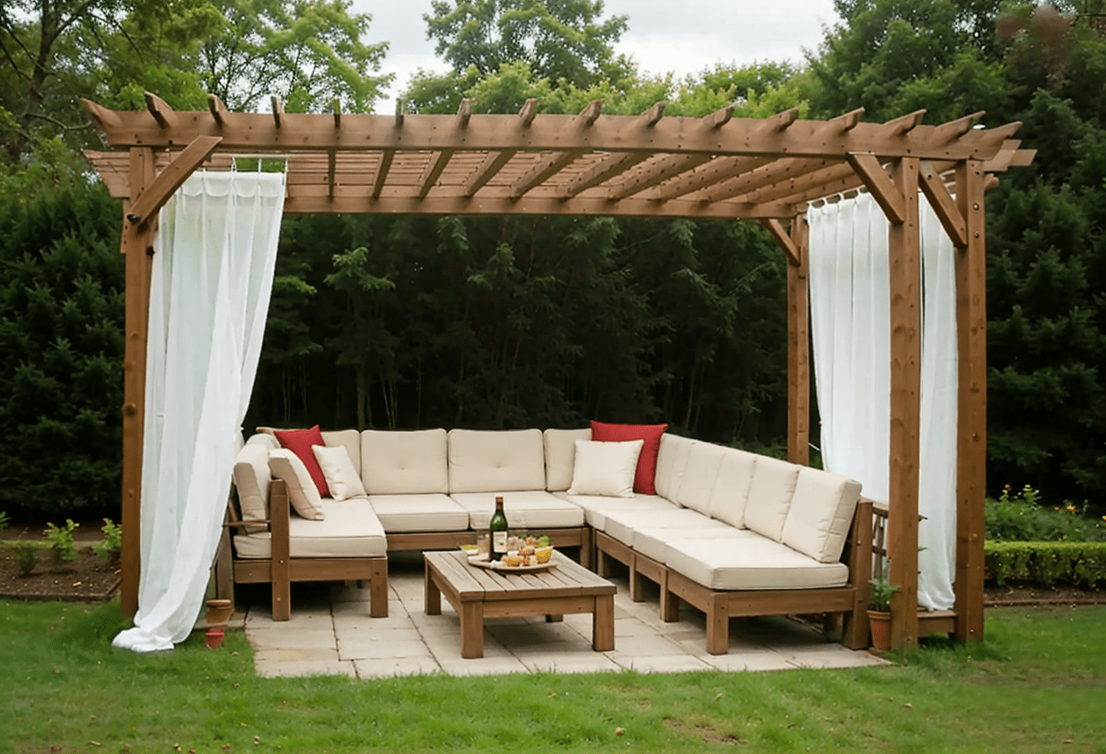 pergola with table dining curtains
