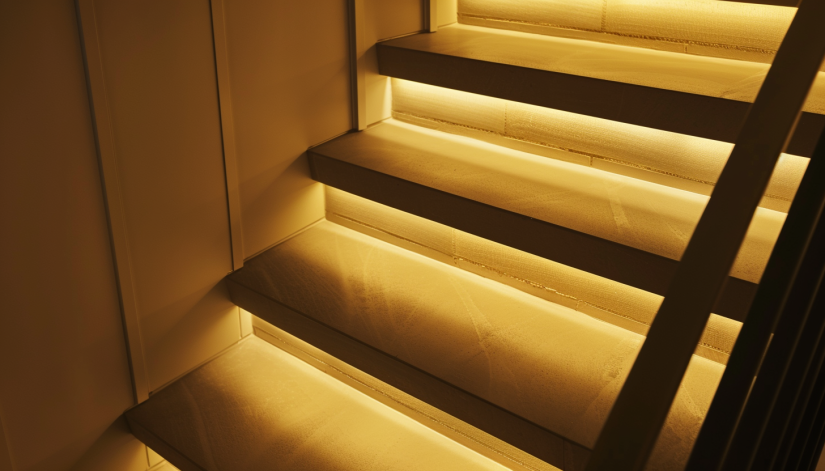 recessed step lights, softly illuminated stairs, gentle upward glow, staircase lighting