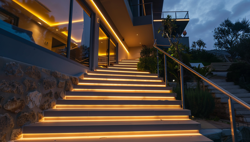 recessed step lights, softly illuminated stairs, gentle upward glow, staircase lighting.