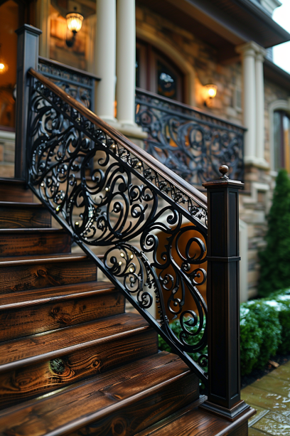rustic staircase, wrought iron railing, wood accents, timeless elegance, traditional setting..