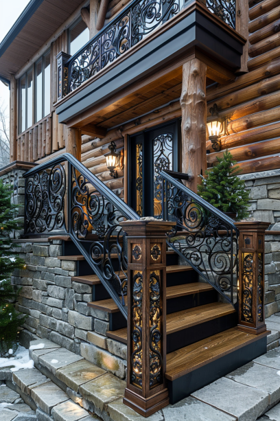 rustic staircase, wrought iron railing, wood accents, timeless elegance, traditional setting...