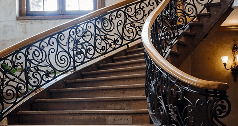 rustic staircase, wrought iron railing, wood accents, timeless elegance, traditional setting