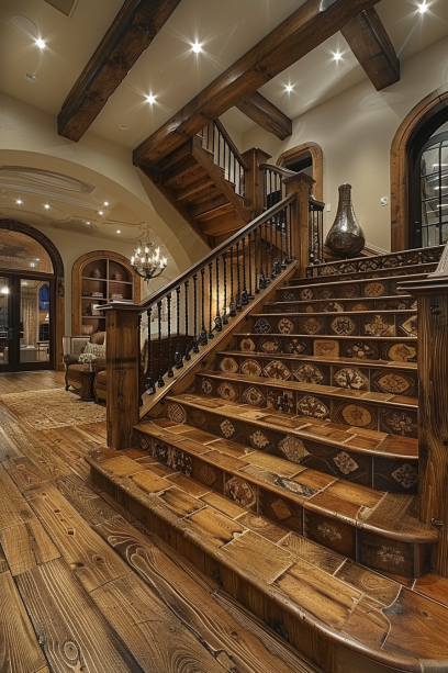 rustic staircase, wrought iron railing, wood accents, timeless elegance, traditional setting.