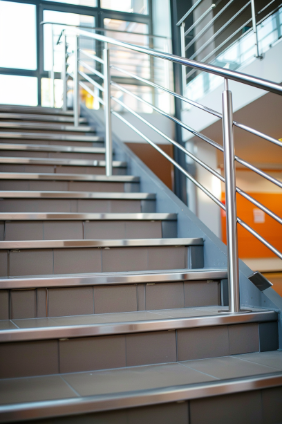 staircase with stainless steel horizontal bar railings, emphasizing their minimalist aesthetic and sturdy design..