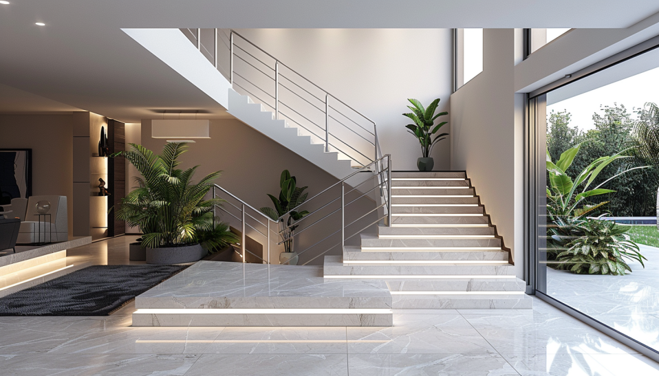 staircase with stainless steel horizontal bar railings, emphasizing their minimalist aesthetic and sturdy design...