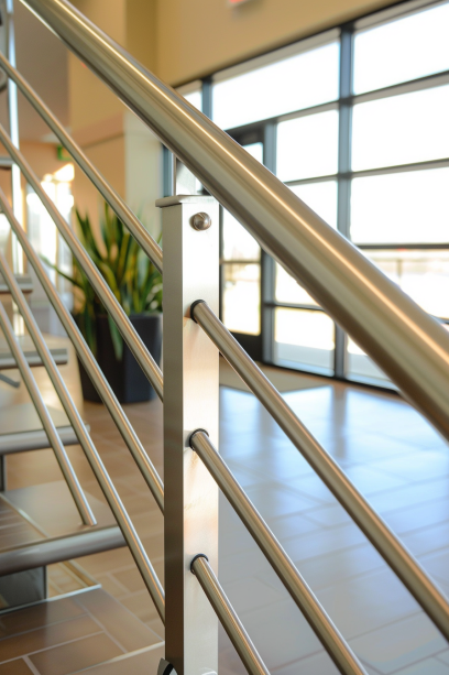 staircase with stainless steel horizontal bar railings, emphasizing their minimalist aesthetic and sturdy design