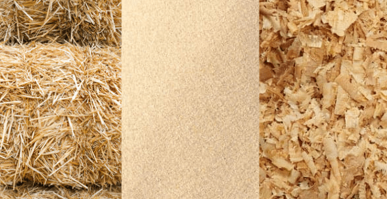 straw, hay, sand and wood shavings