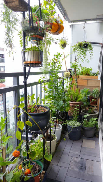 sustainable balcony garden, eco-friendly, native plants, compost bin, rainwater harvesting system
