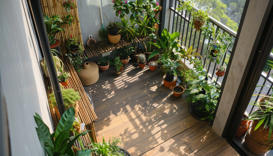 sustainable balcony garden, eco-friendly, native plants, compost bin, rainwater harvesting system.