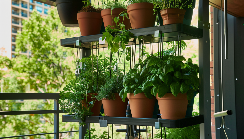 vertical herb garden, balcony, hanging planters, basil, thyme, parsley, cilantro, automatic irrigation...