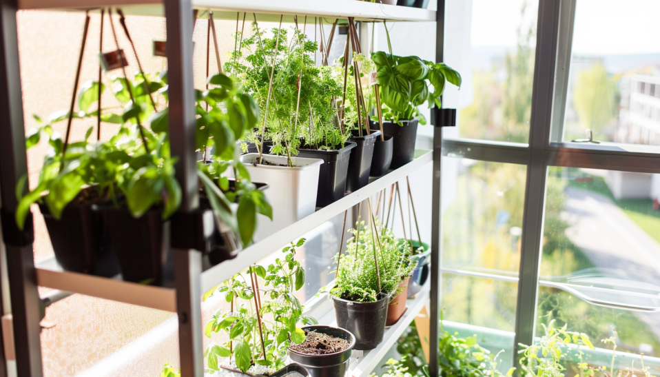 vertical herb garden, balcony, hanging planters, basil, thyme, parsley, cilantro.