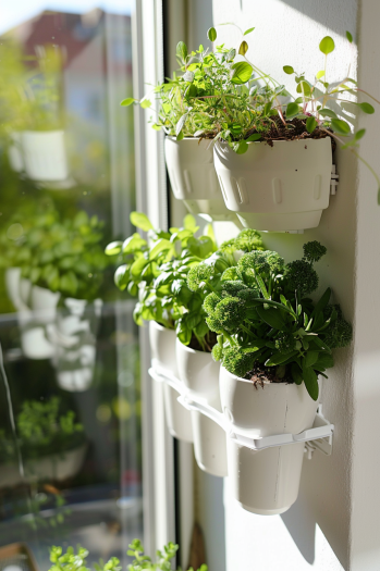 vertical herb garden, balcony, hanging planters, basil, thyme, parsley