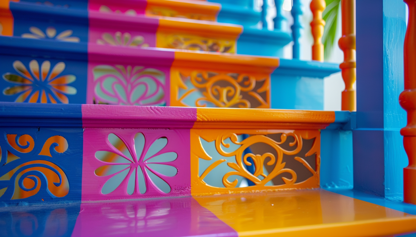 vibrant, painted metal railings, bright colors, modern home, bold, contemporary design