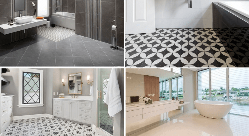 vinyl, ceramic porcelain tiles and water-resistant laminate differente bathroom floor
