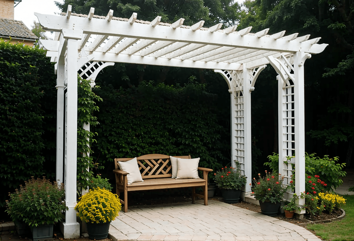 white Pergola and Arbor Combo, garden entrance, trellis, seating area, latticework top, climbing plants, durable materials, shaded garden structure