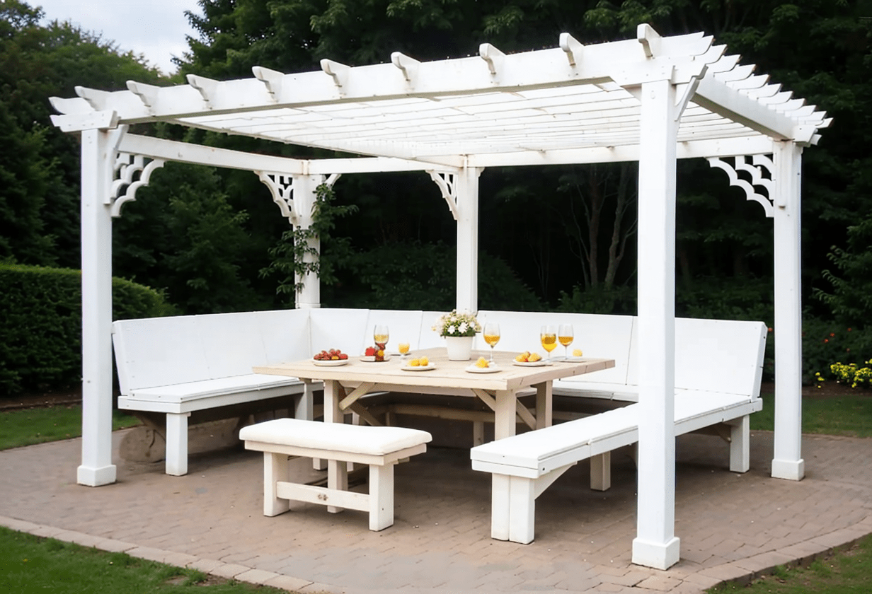 white pergola dining table