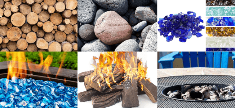 wood logs, lava rock, fire glass, ceramic logs