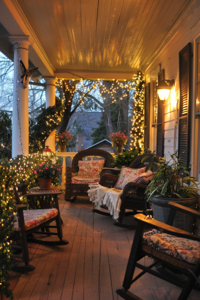 A beautifully decorated suburban front porch with wicker furniture, vibrant pillows, pathway lighting, and lush greenery during midday.