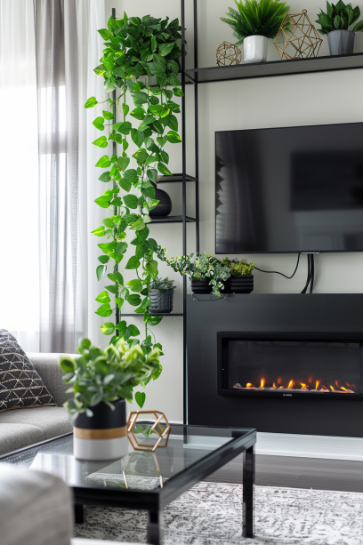 A chic urban living room with a trailing Pothos plant on a sleek black mantel and English Ivy on an industrial-style shelf, featuring minimalist, modern decor
