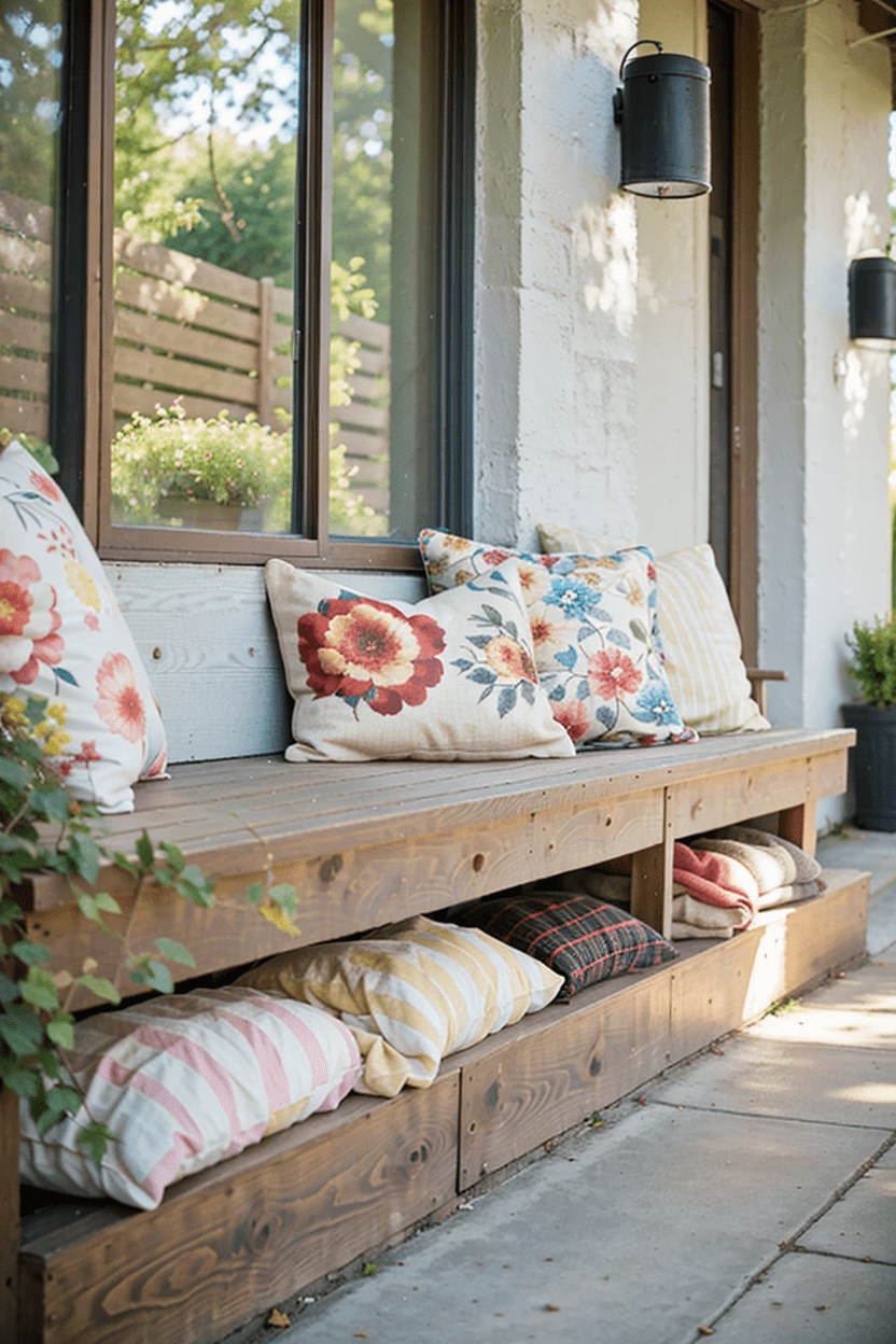 A rustic front porch with a wooden bench made from reclaimed barn wood featuring built-in storage for gardening tools and cushions, surrounded by blooming flowers and vintage lanterns