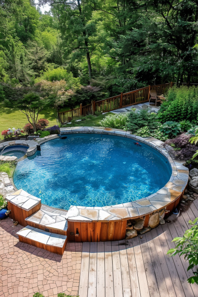 Aerial View of Above-Ground Pool with Rustic Stone Surround
