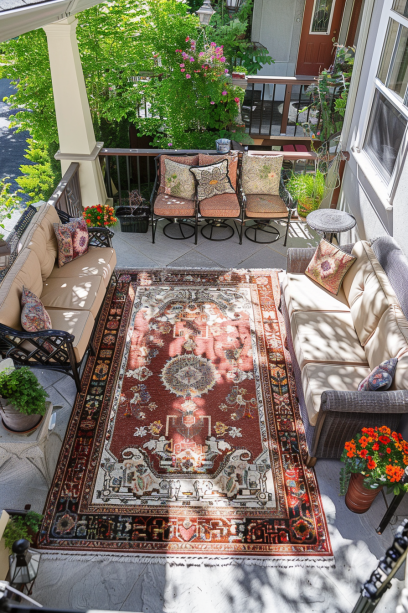 Aerial view of a beautifully decorated front porch with colorful outdoor rugs and matching cushions, creating a vibrant and inviting atmosphere