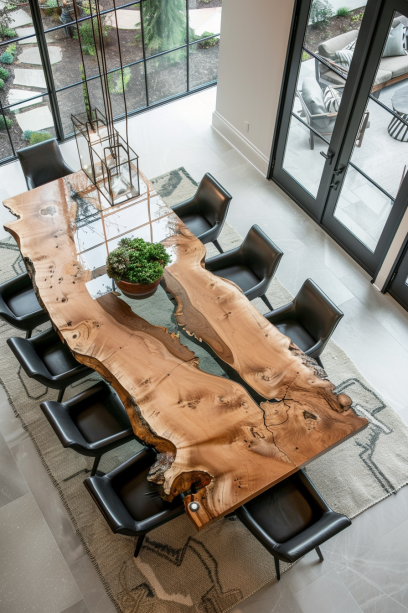 Aerial view of a dining room featuring a live edge wood dining table with glass accents, contemporary chairs, and abundant natural light