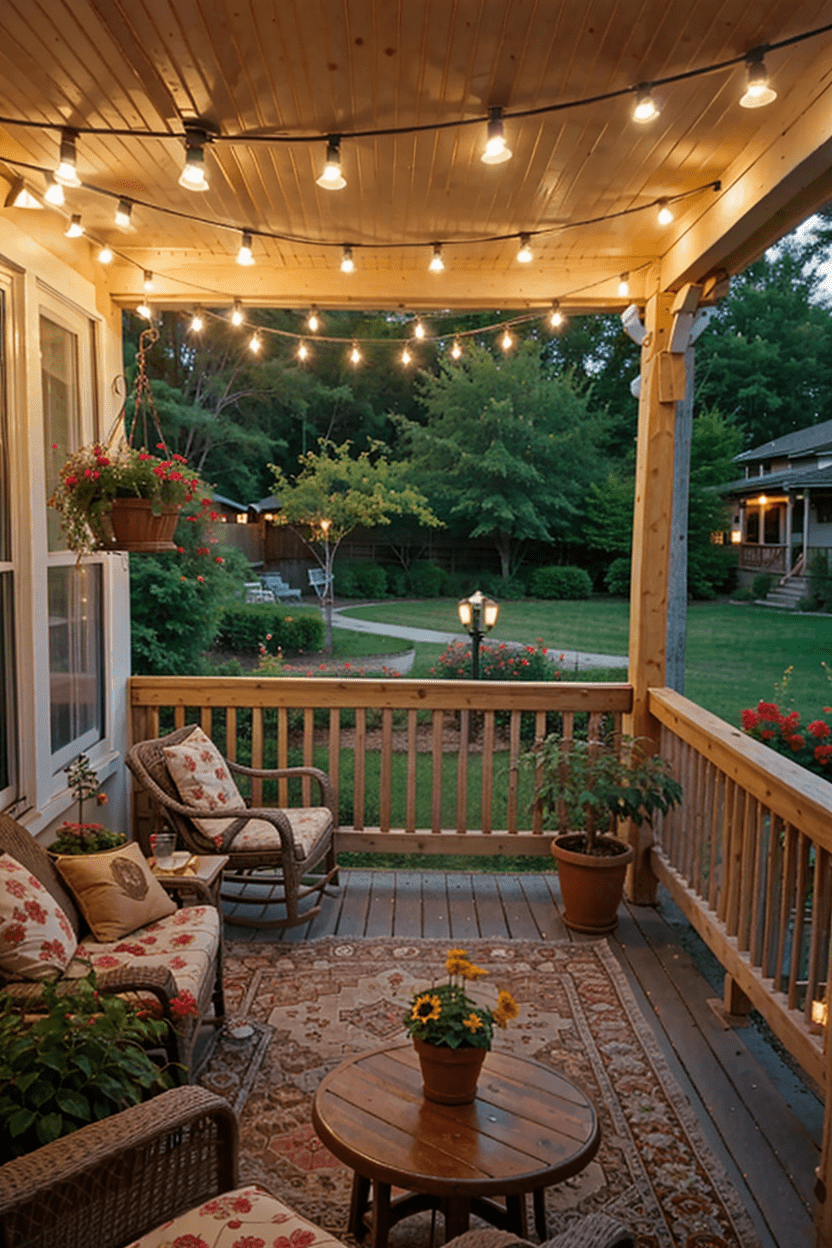Wide shot of a spacious front porch creatively lit with string lights