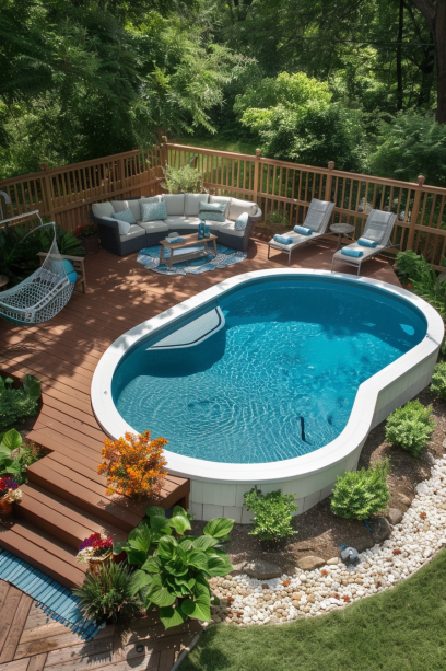 Aerial view of a luxurious backyard poolside with cushioned chairs, loungers, a hammock, side tables, outdoor rugs, and vibrant pillows surrounded by greenery and flowers