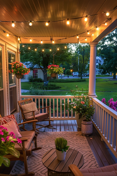 Aerial view of a romantic, string light-adorned front porch at dusk