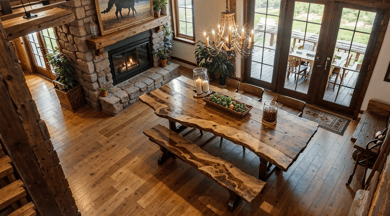 Aerial view of a rustic dining room with a live edge dining table and matching bench seating, surrounded by farmhouse decor