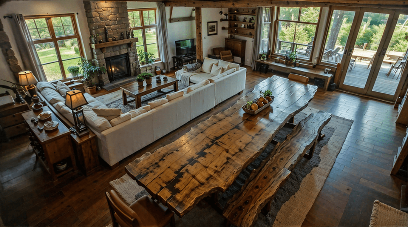 Aerial view of a rustic dining room with a live edge dining table