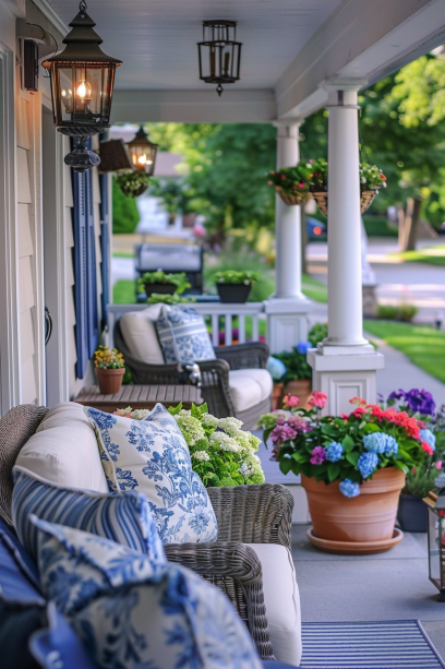 Aerial view of a stylish front porch with mixed furniture and coordinated blue and white cushions, surrounded by a lush green lawn-
