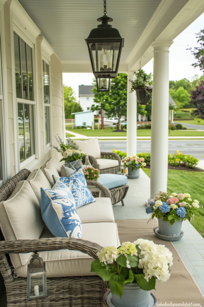 Aerial view of a stylish front porch with mixed furniture and coordinated blue and white cushions, surrounded by a lush green lawn