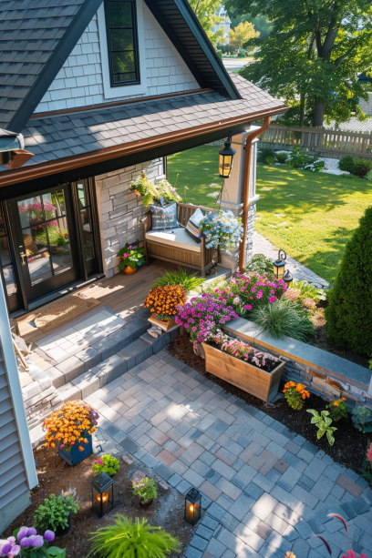 Aerial view of a suburban front porch with storage solutions, decorations, and a well-kept garden