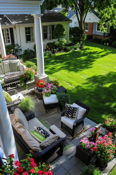 Aerial view of an inviting front porch with mixed furniture and vibrant decor-