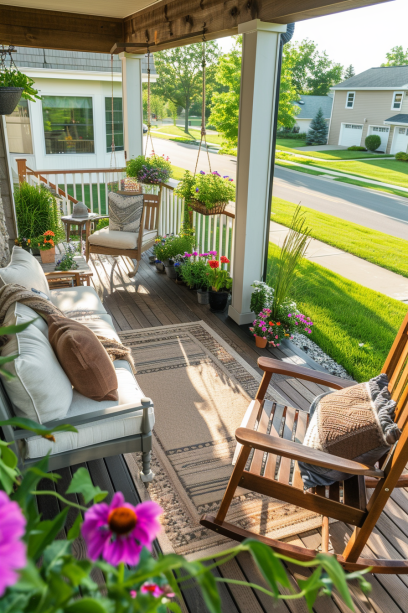 Aerial view of an inviting front porch with mixed furniture and vibrant decor