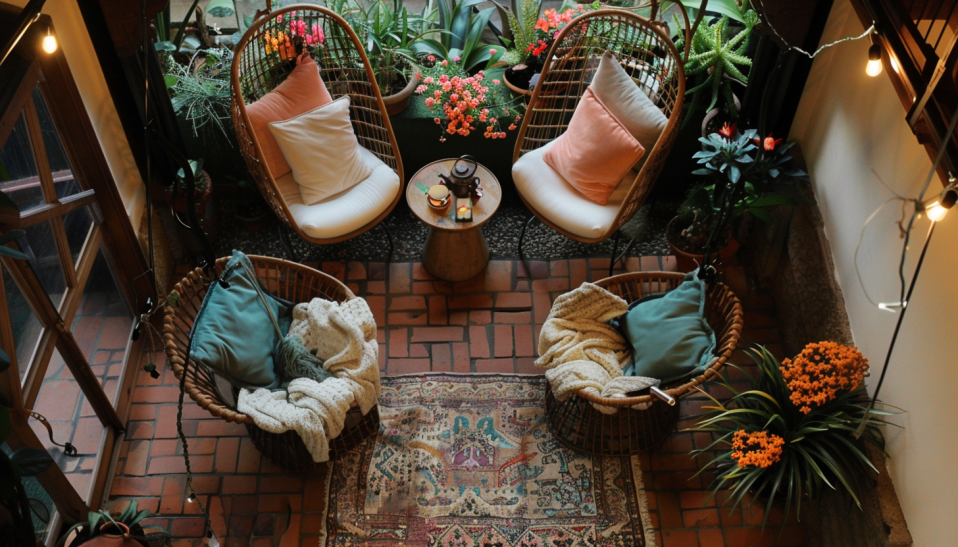 Aerial view of cozy front porch nook with luxurious throws and pillows