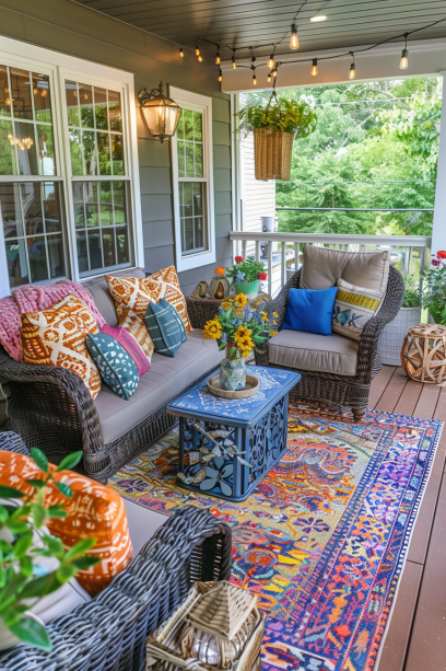 An overhead shot of a charming front porch filled with vibrant outdoor pillows, lush plants, and cozy lighting, creating an inviting and picturesque setting.