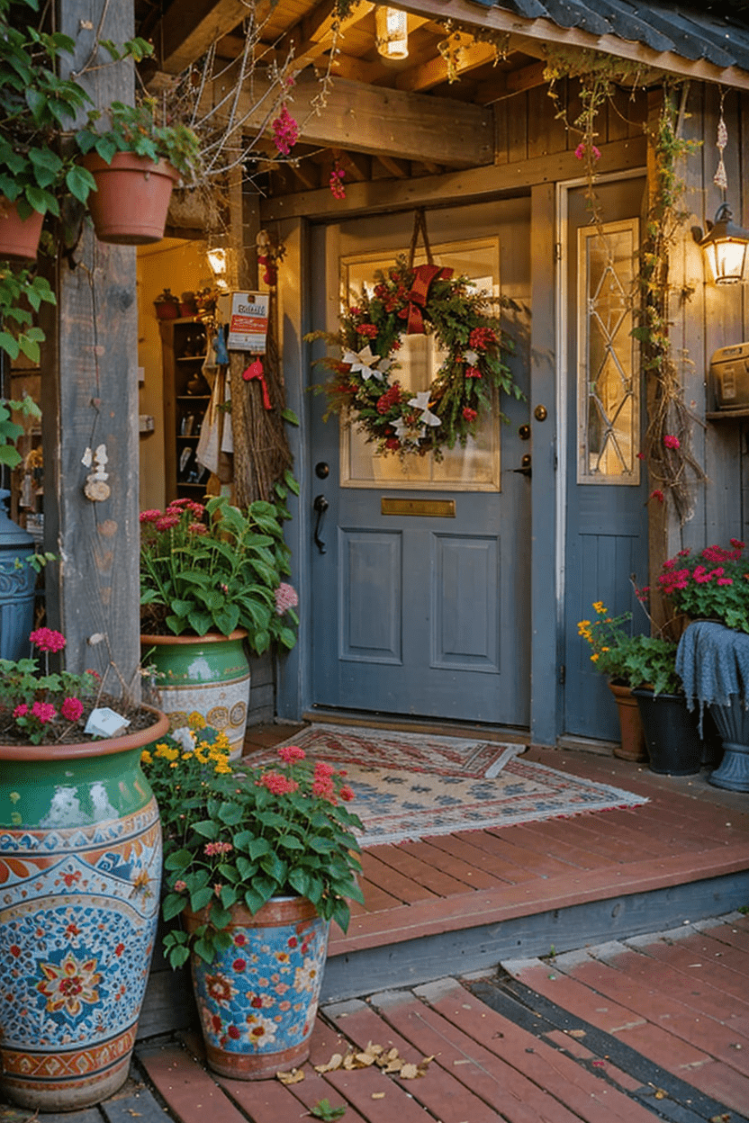 Artistic front porch with hand-painted plant pots, a colorful mosaic table, and hanging fairy lights, displaying a customized welcome mat with a friendly and humorous greeting