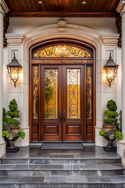 Beautiful front porch with decorative door trim and entablature, well-lit in the evening with classic décor elements